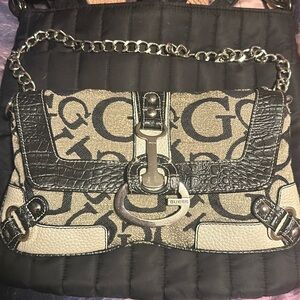 G by Guess Black and Cream Mini Bag with Chain Strap
